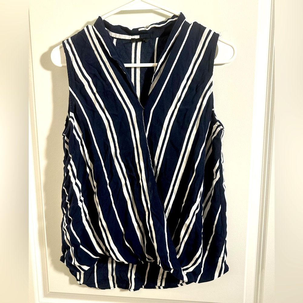 3/$10!!! Ann Taylor Wrap Front Blue and White Striped Blouse with Snap Closure